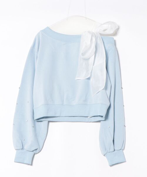 one way（ワンウェイ）の「袖ビジューリボンワンショルトレーナー（Tシャツ/カットソー・レディース・グレー/ブルー/アイボリー/スミクロ・FREE）」の8枚目の写真