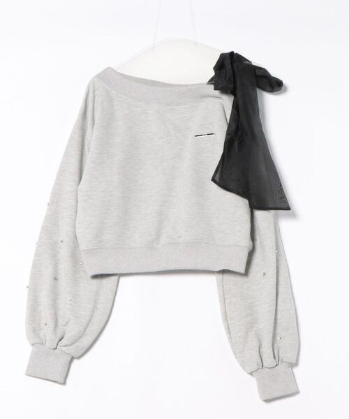 one way（ワンウェイ）の「袖ビジューリボンワンショルトレーナー（Tシャツ/カットソー・レディース・グレー/ブルー/アイボリー/スミクロ・FREE）」の9枚目の写真
