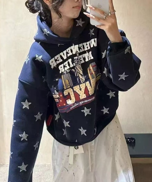 DIAVEL（ディアベル）の「【秋冬新作】スターNYCプリント 裏起毛パーカー（パーカー・レディース・ネイビー・M）」の8枚目の写真