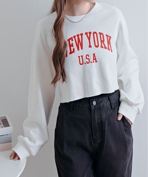 kirakiraShop(キラキラショップ)の「ロゴ クロップド カットソー トップス(スウェット・レディース・杢グレー/ブラック/ワイン/ネイビー/ホワイト・FREE)」の6枚目の写真