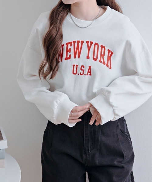 kirakiraShop(キラキラショップ)の「ロゴ クロップド カットソー トップス(スウェット・レディース・杢グレー/ブラック/ワイン/ネイビー/ホワイト・FREE)」の8枚目の写真