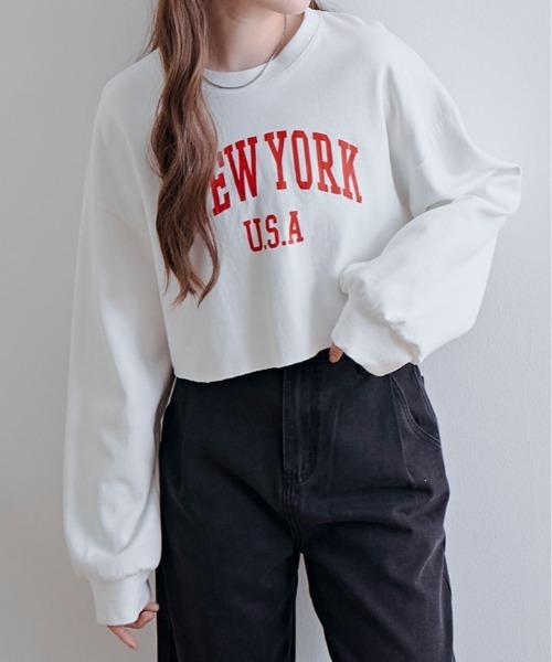 kirakiraShop(キラキラショップ)の「ロゴ クロップド カットソー トップス(スウェット・レディース・杢グレー/ブラック/ワイン/ネイビー/ホワイト・FREE)」の11枚目の写真