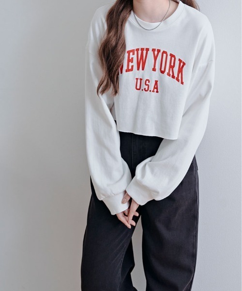 kirakiraShop(キラキラショップ)の「ロゴ クロップド カットソー トップス(スウェット・レディース・杢グレー/ブラック/ワイン/ネイビー/ホワイト・FREE)」の12枚目の写真