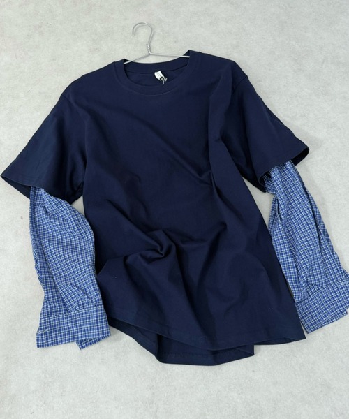 Never mind the XU / Chikashitsu+(ネバーマインド ザ エックスユー / チカシツプラス)の「【Nerd out XU】gingham check design layered long sleeve / 【ナードアウトエックスユー】ギンガムチェックデザインレイヤード長袖Tシャツ <着用動画あり>(Tシャツ/カットソー・メンズ・ネイビー・M/XXL)」の8枚目の写真