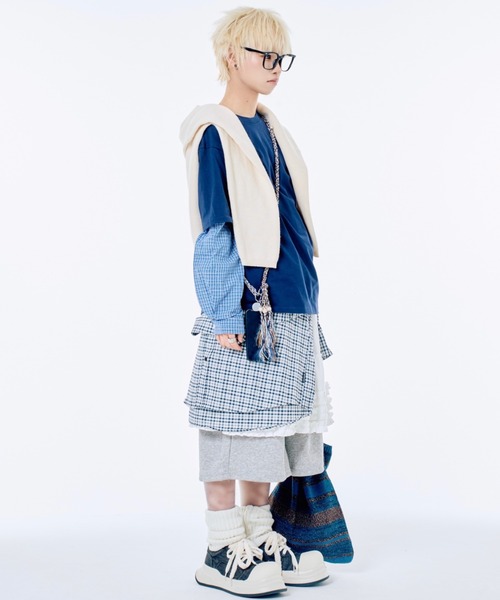 Never mind the XU / Chikashitsu+(ネバーマインド ザ エックスユー / チカシツプラス)の「【Nerd out XU】gingham check design layered long sleeve / 【ナードアウトエックスユー】ギンガムチェックデザインレイヤード長袖Tシャツ <着用動画あり>(Tシャツ/カットソー・メンズ・ネイビー・M/XXL)」の10枚目の写真