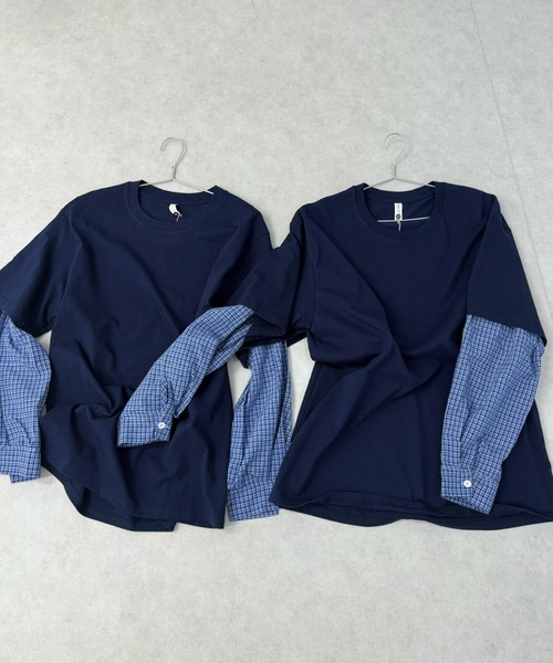 Never mind the XU / Chikashitsu+(ネバーマインド ザ エックスユー / チカシツプラス)の「【Nerd out XU】gingham check design layered long sleeve / 【ナードアウトエックスユー】ギンガムチェックデザインレイヤード長袖Tシャツ <着用動画あり>(Tシャツ/カットソー・メンズ・ネイビー・M/XXL)」の9枚目の写真