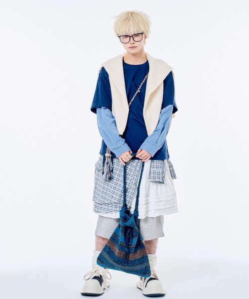 Never mind the XU / Chikashitsu+(ネバーマインド ザ エックスユー / チカシツプラス)の「【Nerd out XU】gingham check design layered long sleeve / 【ナードアウトエックスユー】ギンガムチェックデザインレイヤード長袖Tシャツ <着用動画あり>(Tシャツ/カットソー・メンズ・ネイビー・M/XXL)」の2枚目の写真