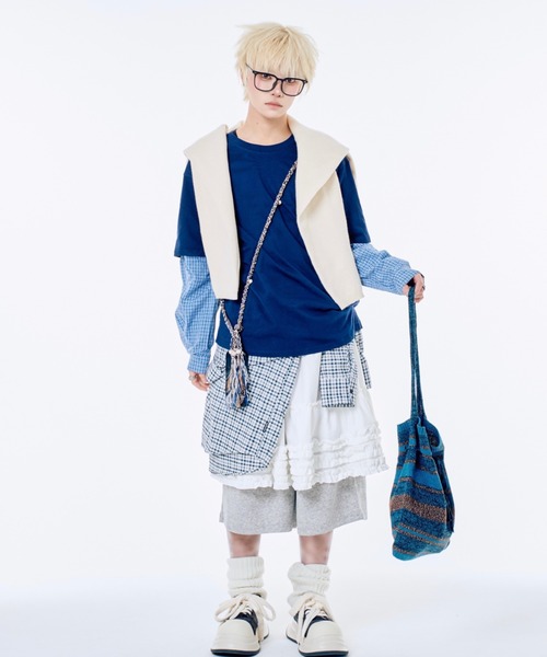 Never mind the XU / Chikashitsu+(ネバーマインド ザ エックスユー / チカシツプラス)の「【Nerd out XU】gingham check design layered long sleeve / 【ナードアウトエックスユー】ギンガムチェックデザインレイヤード長袖Tシャツ <着用動画あり>(Tシャツ/カットソー・メンズ・ネイビー・M/XXL)」の3枚目の写真