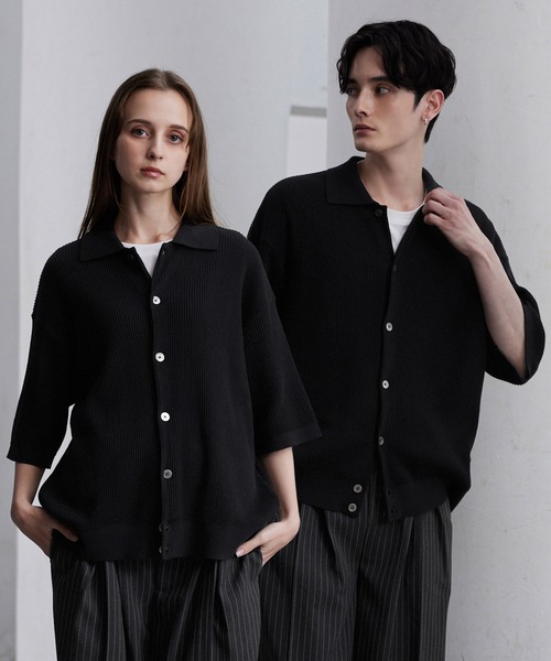 CLEL ベーシック/スプレー 畦編み ニット シャツ カーディガン ブラック CLEL】Basic/Spray Rib Knit Short Sleeve Shirt Cardigan