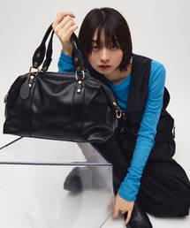 2WAYゴールドアクセント合皮レザーボストンバッグ/ロゴプレート付き