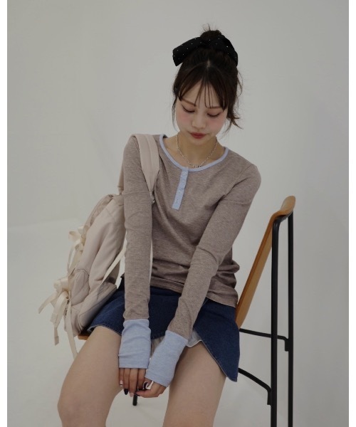 JUMELLE（ジュメロ）の「ヘンリーネックバイカラートップ（Tシャツ/カットソー・レディース・グレー/ブラウン・MEDIUM）」の5枚目の写真