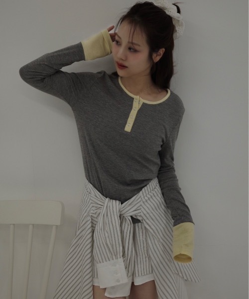 JUMELLE（ジュメロ）の「ヘンリーネックバイカラートップ（Tシャツ/カットソー・レディース・グレー/ブラウン・MEDIUM）」の19枚目の写真