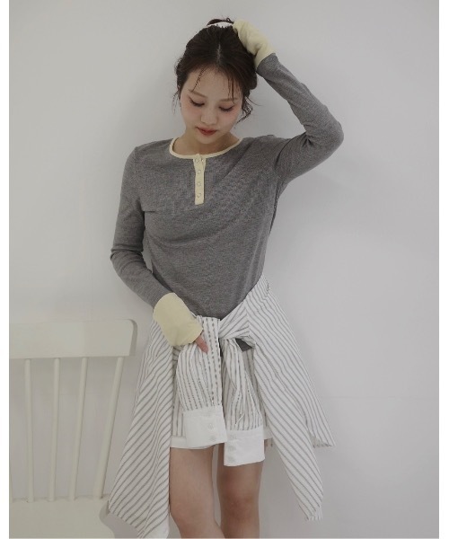 JUMELLE（ジュメロ）の「ヘンリーネックバイカラートップ（Tシャツ/カットソー・レディース・グレー/ブラウン・MEDIUM）」の22枚目の写真