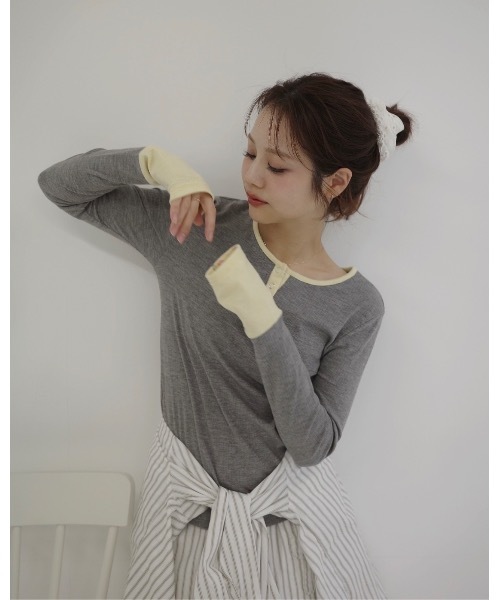 JUMELLE（ジュメロ）の「ヘンリーネックバイカラートップ（Tシャツ/カットソー・レディース・グレー/ブラウン・MEDIUM）」の8枚目の写真