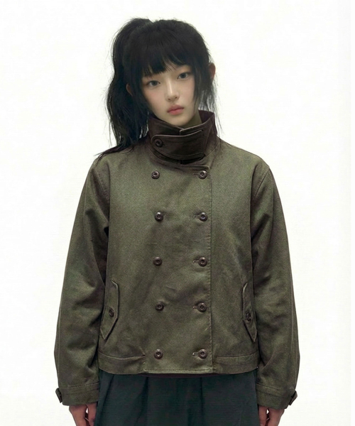 DAMISH(ダミシュ)の「ダブルボタンハイネックコットンジャケット_カーキ(デニムジャケット・レディース・カーキ・FREE)」の4枚目の写真