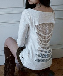 NOT KNOWING（ノットノーイング）の「【NOT KNOWING】Destroyed Back Lace Top / 【ノットノーイング】デストロイドバックレースワンショルダー長袖Ｔシャツ（Tシャツ/カットソー）」
