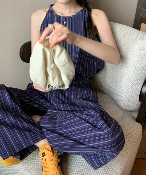 semplice(センプリチェ)の「ストライプクロップドトップス × ハイウエストタックワイドパンツ セットアップ(セットアップ・レディース・キャメル/ネイビー・F)」の19枚目の写真