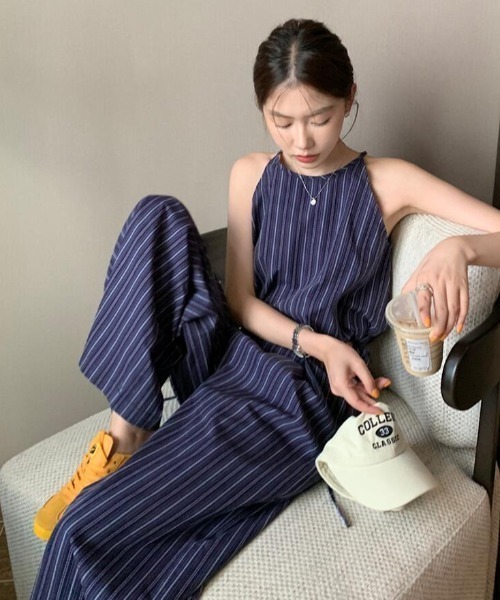 semplice(センプリチェ)の「ストライプクロップドトップス × ハイウエストタックワイドパンツ セットアップ(セットアップ・レディース・キャメル/ネイビー・F)」の21枚目の写真
