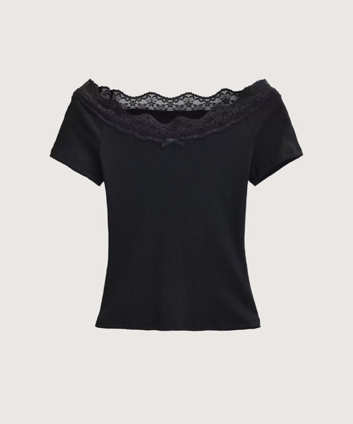 LA POMME petit(ラポミ・プチ)の「Off Shoulder Lace Piping T(Tシャツ/カットソー・レディース・ブラック/ホワイト×ブルー/アイボリー/ネイビー・MEDIUM/SMALL)」の3枚目の写真