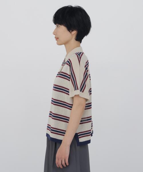 human woman(ヒューマンウーマン)の「◆【ウォッシャブル】シアーボーダーポロニットT(ポロシャツ・レディース・クリアブラウン/ベージュ系その他3・MEDIUM)」の3枚目の写真