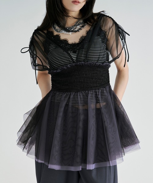 セール】2way layered tulle tops/2wayシャーリングチュールトップス