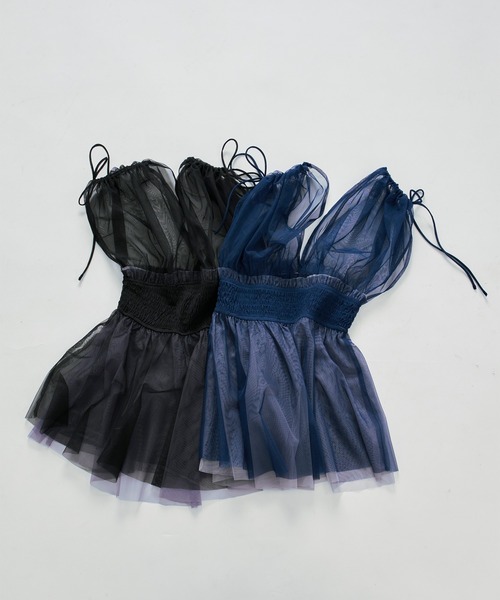 Ezick(エジック)の「2way layered tulle tops/2wayシャーリングチュールトップス(その他トップス・レディース・ネイビー/ブラック・FREE)」の16枚目の写真