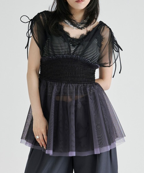 Ezick(エジック)の「2way layered tulle tops/2wayシャーリングチュールトップス(その他トップス・レディース・ネイビー/ブラック・FREE)」の17枚目の写真