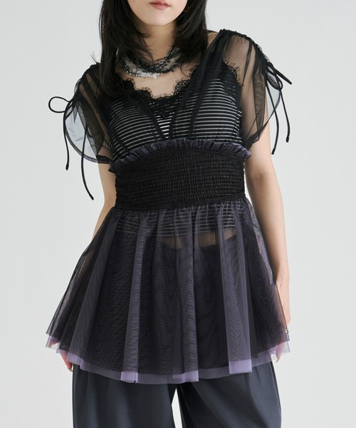 Ezick(エジック)の「2way layered tulle tops/2wayシャーリングチュールトップス(その他トップス・レディース・ネイビー/ブラック・FREE)」の18枚目の写真