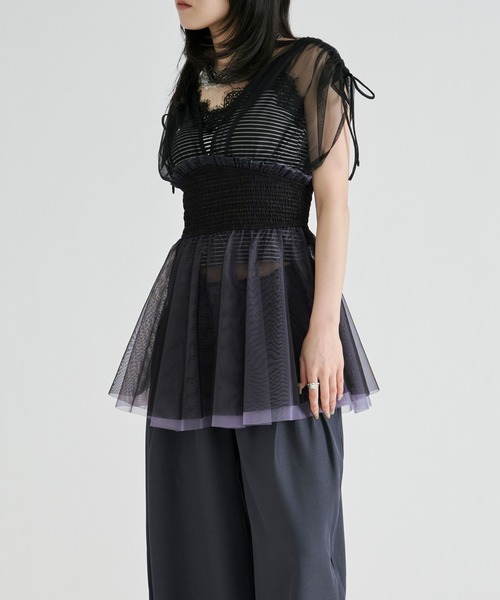 Ezick(エジック)の「2way layered tulle tops/2wayシャーリングチュールトップス(その他トップス・レディース・ネイビー/ブラック・FREE)」の19枚目の写真