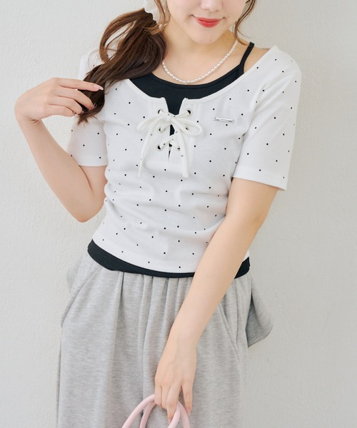 Another Branch olive des olive（アナザーブランチオリーブデオリーブ）の「レースアップレイヤード風PO（Tシャツ/カットソー・レディース・ブラック/その他12/ブラウン/ドット・FREE）」の3枚目の写真