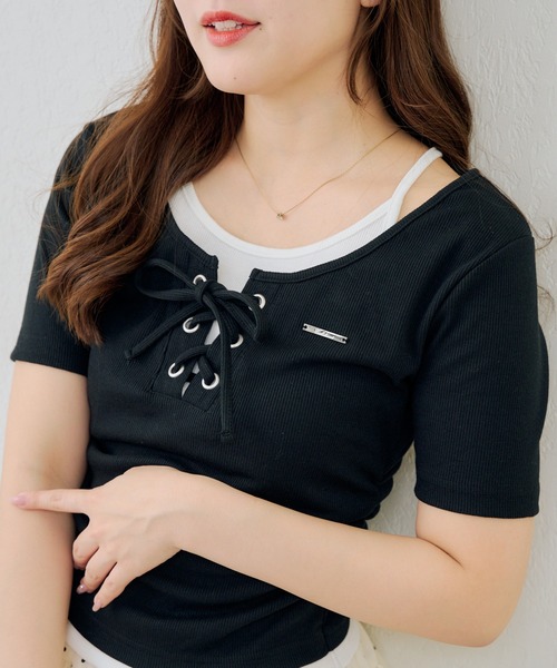 Another Branch olive des olive（アナザーブランチオリーブデオリーブ）の「レースアップレイヤード風PO（Tシャツ/カットソー・レディース・ブラック/その他12/ブラウン/ドット・FREE）」の2枚目の写真