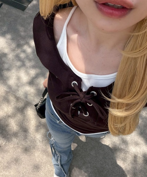 Another Branch olive des olive（アナザーブランチオリーブデオリーブ）の「レースアップレイヤード風PO（Tシャツ/カットソー・レディース・ブラック/その他12/ブラウン/ドット・FREE）」の11枚目の写真