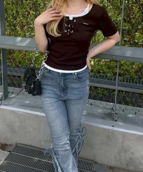 Another Branch olive des olive（アナザーブランチオリーブデオリーブ）の「レースアップレイヤード風PO（Tシャツ/カットソー・レディース・ブラック/その他12/ブラウン/ドット・FREE）」の8枚目の写真
