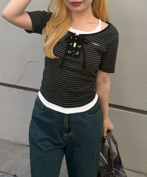 Another Branch olive des olive（アナザーブランチオリーブデオリーブ）の「レースアップレイヤード風PO（Tシャツ/カットソー・レディース・ブラック/その他12/ブラウン/ドット・FREE）」の12枚目の写真
