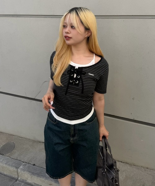 Another Branch olive des olive（アナザーブランチオリーブデオリーブ）の「レースアップレイヤード風PO（Tシャツ/カットソー・レディース・ブラック/その他12/ブラウン/ドット・FREE）」の14枚目の写真