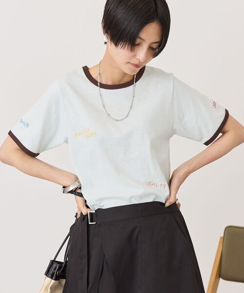 AMERICAN HOLIC(アメリカンホリック)の「ランダムロゴ刺繍リンガーTシャツ(Tシャツ/カットソー・レディース・ミント/ホワイト/チャコールグレー・M/L)」の4枚目の写真