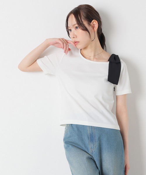 Honeys(ハニーズ)の「【ハニさら・接触冷感・UVカット】肩リボンワンショルトップス(Tシャツ/カットソー・レディース・ネイビー/アイボリー/ブラウン/ヘザーチャコール・S/M/L)」の8枚目の写真
