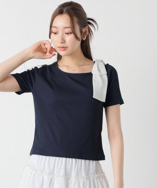 Honeys(ハニーズ)の「【ハニさら・接触冷感・UVカット】肩リボンワンショルトップス(Tシャツ/カットソー・レディース・ネイビー/アイボリー/ブラウン/ヘザーチャコール・S/M/L)」の11枚目の写真
