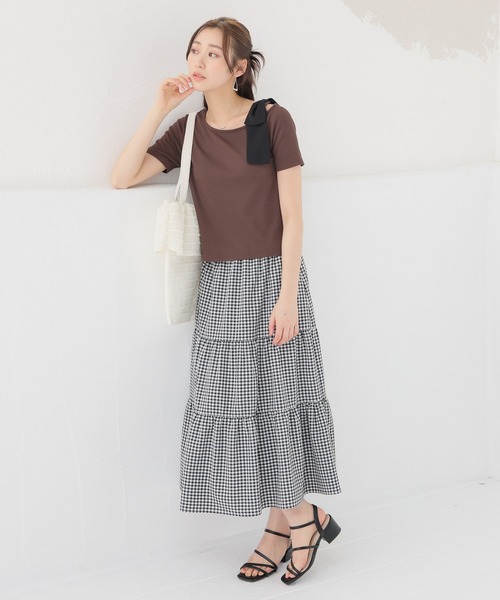 Honeys(ハニーズ)の「【ハニさら・接触冷感・UVカット】肩リボンワンショルトップス(Tシャツ/カットソー・レディース・ネイビー/アイボリー/ブラウン/ヘザーチャコール・S/M/L)」の14枚目の写真