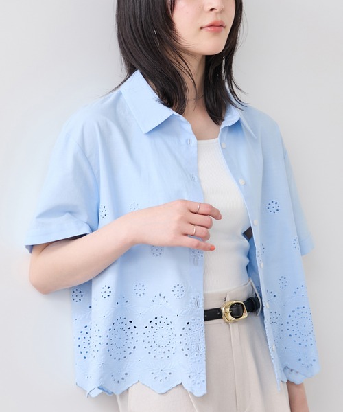 VIS(ビス)の「カットワークハーフスリーブシャツ(シャツ/ブラウス・レディース・ブラック/オフホワイト/サックスブルー・FREE)」の18枚目の写真