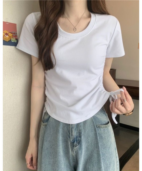 CHEER(チアー)の「サイドドロストギャザー 半袖デザインTシャツ(Tシャツ/カットソー・レディース・ブラウン/ホワイト/グレー/ブラック/ピンク・FREE)」の14枚目の写真