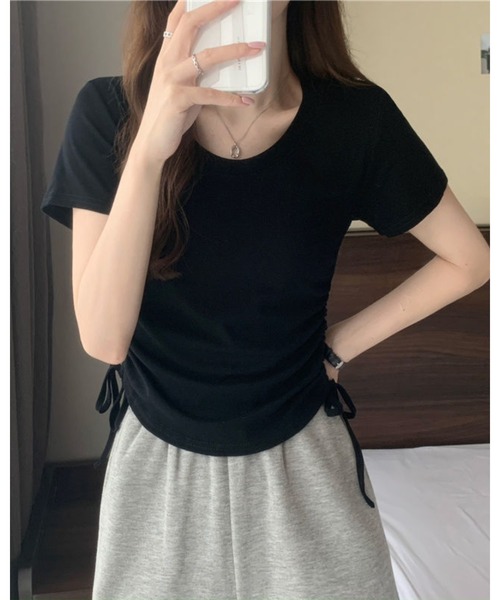 CHEER(チアー)の「サイドドロストギャザー 半袖デザインTシャツ(Tシャツ/カットソー・レディース・ブラウン/ホワイト/グレー/ブラック/ピンク・FREE)」の22枚目の写真