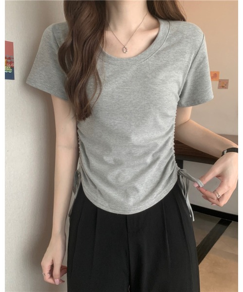 CHEER(チアー)の「サイドドロストギャザー 半袖デザインTシャツ(Tシャツ/カットソー・レディース・ブラウン/ホワイト/グレー/ブラック/ピンク・FREE)」の12枚目の写真