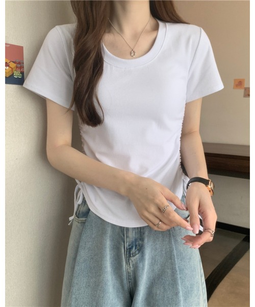CHEER(チアー)の「サイドドロストギャザー 半袖デザインTシャツ(Tシャツ/カットソー・レディース・ブラウン/ホワイト/グレー/ブラック/ピンク・FREE)」の15枚目の写真