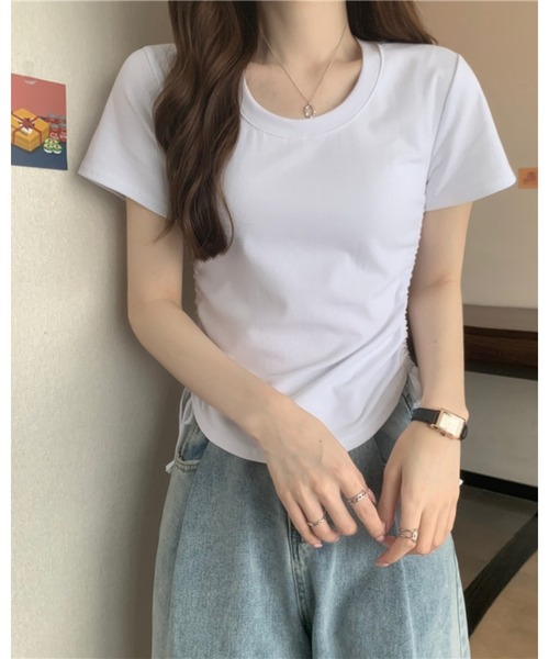 CHEER(チアー)の「サイドドロストギャザー 半袖デザインTシャツ(Tシャツ/カットソー・レディース・ブラウン/ホワイト/グレー/ブラック/ピンク・FREE)」の16枚目の写真