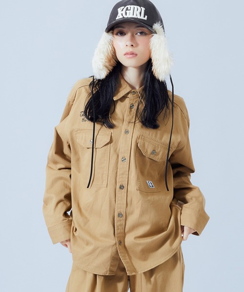 X-girl（エックスガール）の「FACE LABEL WORK L/S SHIRT（シャツ/ブラウス・レディース・ベージュ/ブラック/マルチ・S/M）」の2枚目の写真