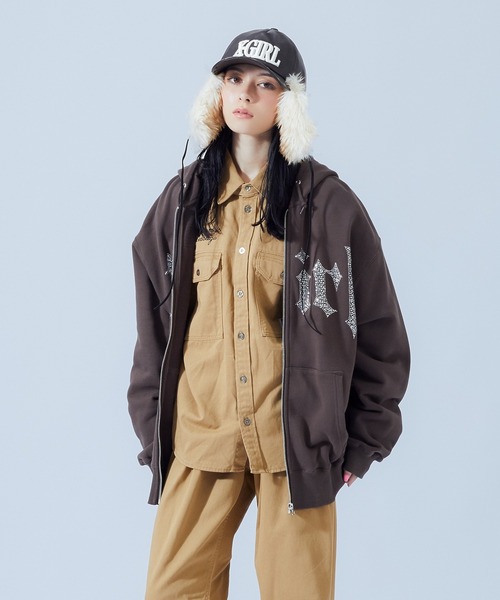 X-girl（エックスガール）の「FACE LABEL WORK L/S SHIRT（シャツ/ブラウス・レディース・ベージュ/ブラック/マルチ・S/M）」の6枚目の写真