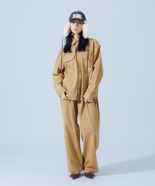 X-girl（エックスガール）の「FACE LABEL WORK L/S SHIRT（シャツ/ブラウス・レディース・ベージュ/ブラック/マルチ・S/M）」の4枚目の写真