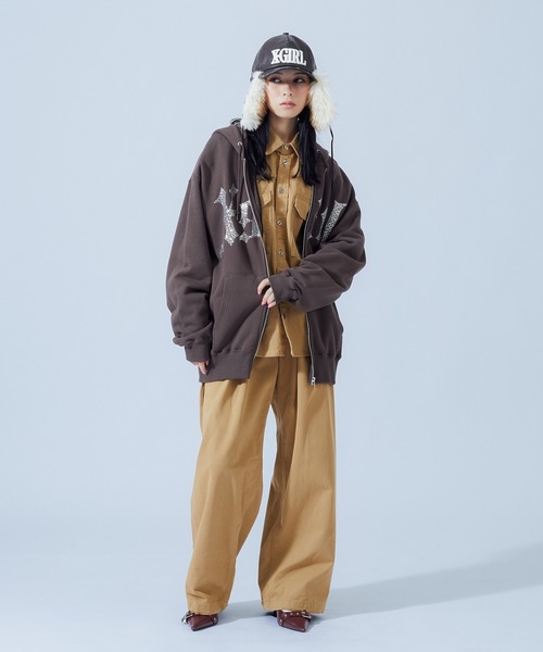 X-girl（エックスガール）の「FACE LABEL WORK L/S SHIRT（シャツ/ブラウス・レディース・ベージュ/ブラック/マルチ・S/M）」の7枚目の写真