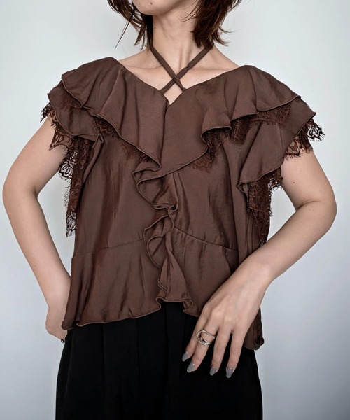styiro(スタイロ)の「フリルレーストップス(シャツ/ブラウス・レディース・ブラウン/ブラック・L)」の12枚目の写真